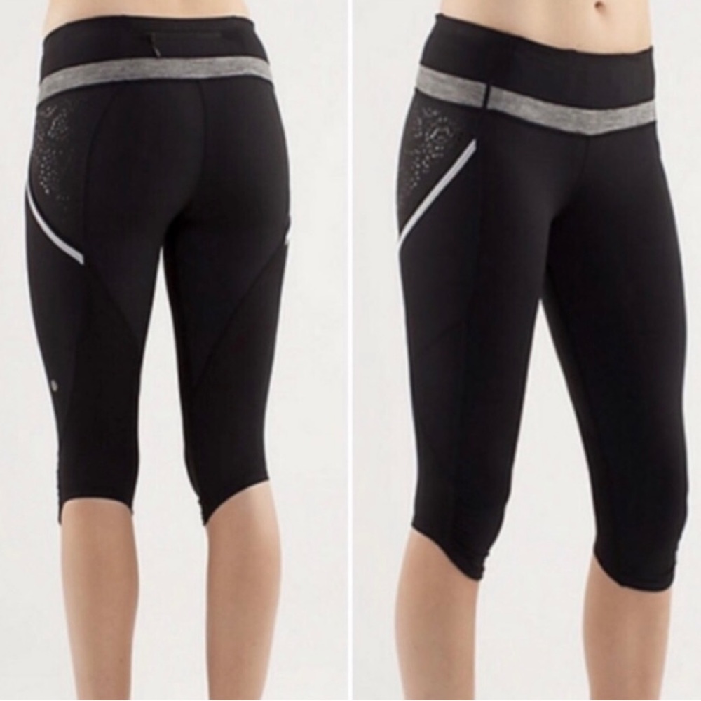 Lululemon run a marathon crop leggings women’s size 8 black reflective pockets